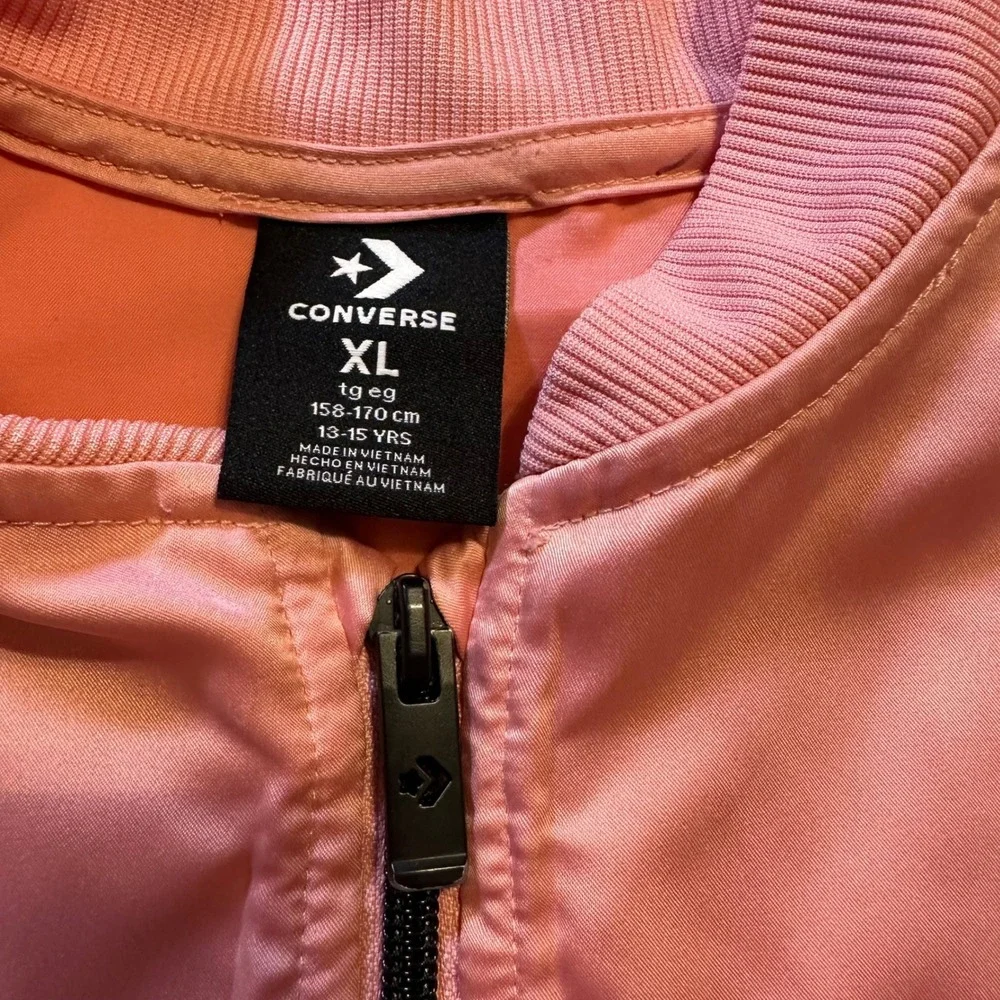 Converse All Star Kids XL Pink Satin Bomber Track Jacket Full Zip Black Stripe